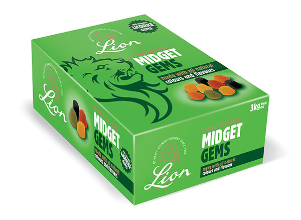 Lion Midget Gems firm chewy fruit gums with classic liquorice black gem