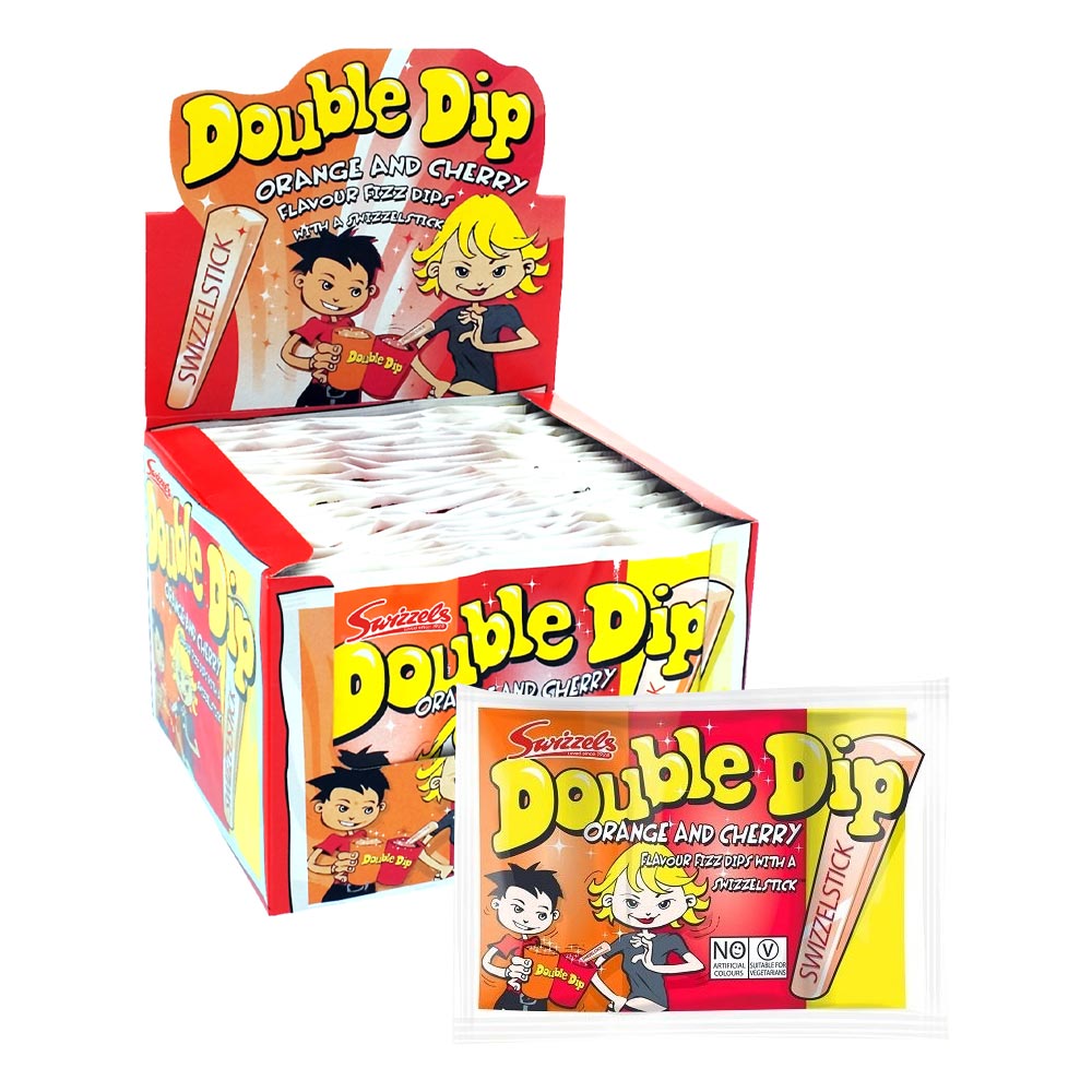 Double Dip orange and cherry sherbet with dipping sticks