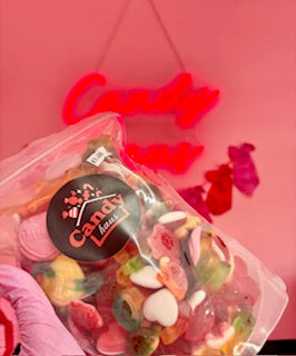 Gummy pouch filled with assorted fruity gummy sweets