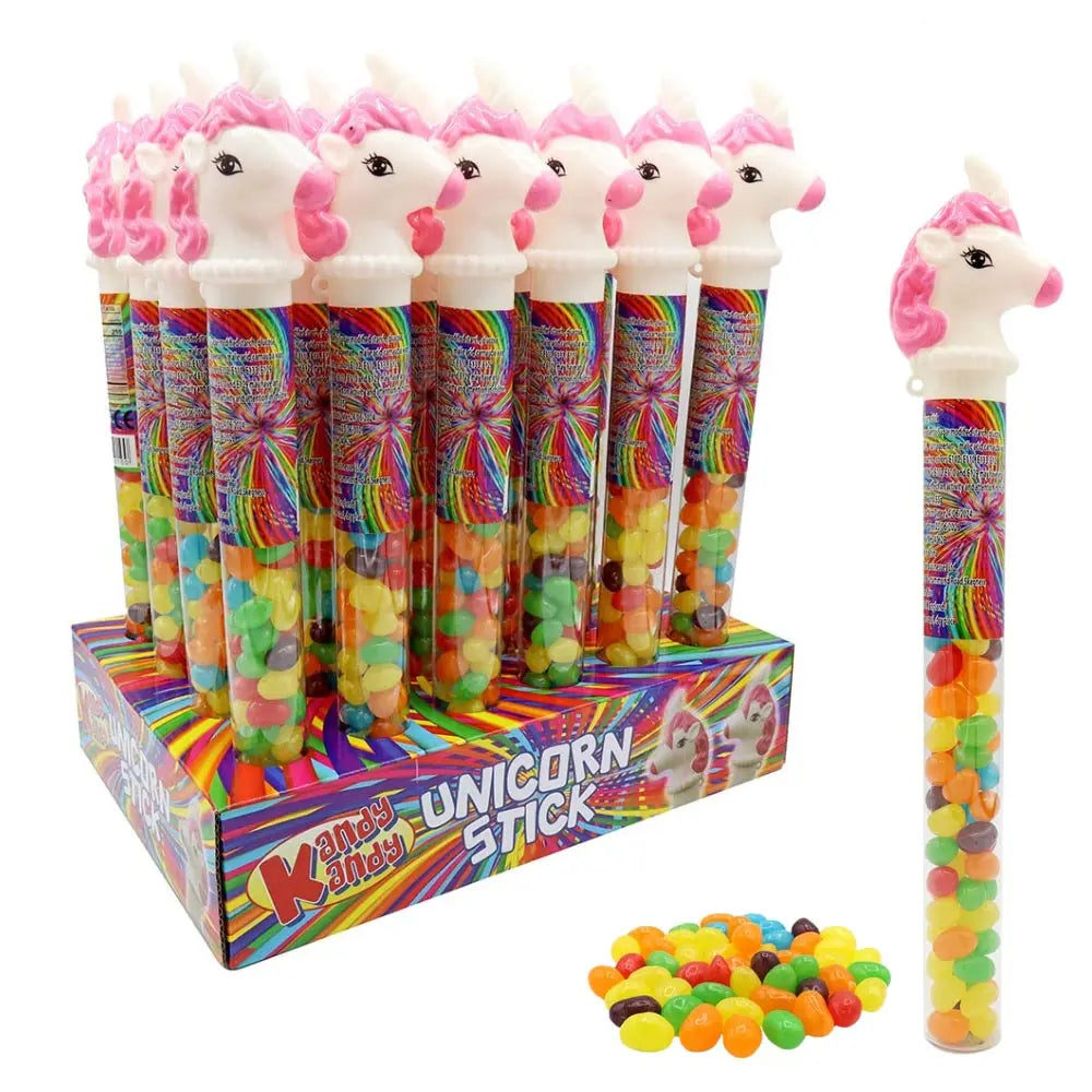 Jelly bean unicorn tubes filled with colourful jelly beans