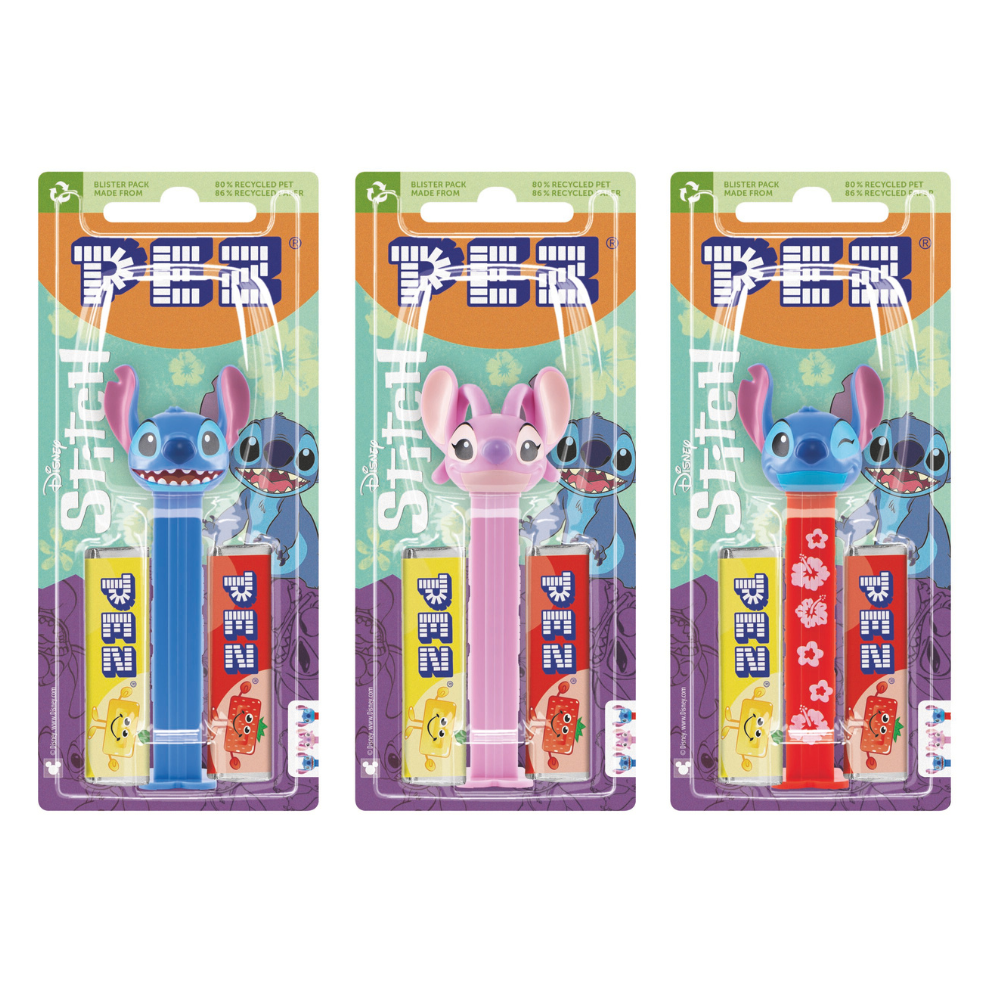 Three different Stitch characters with refill pez sweets.